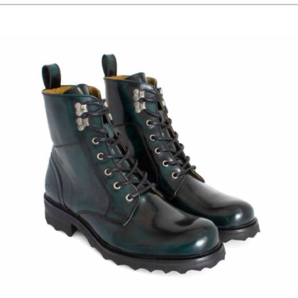 John Fluevog Dark Teal Leather Lace-Up Lug Boots